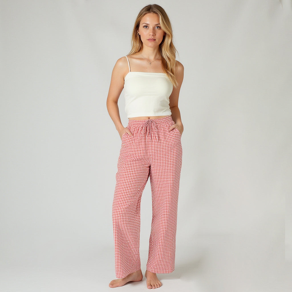 Lounge Women's Gingham Print Pajama Pants with High Waist Elastic Drawstring and Relaxed Straight Leg Fit