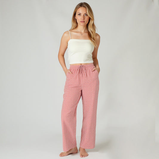 Lounge Women's Gingham Print Pajama Pants with High Waist Elastic Drawstring and Relaxed Straight Leg Fit