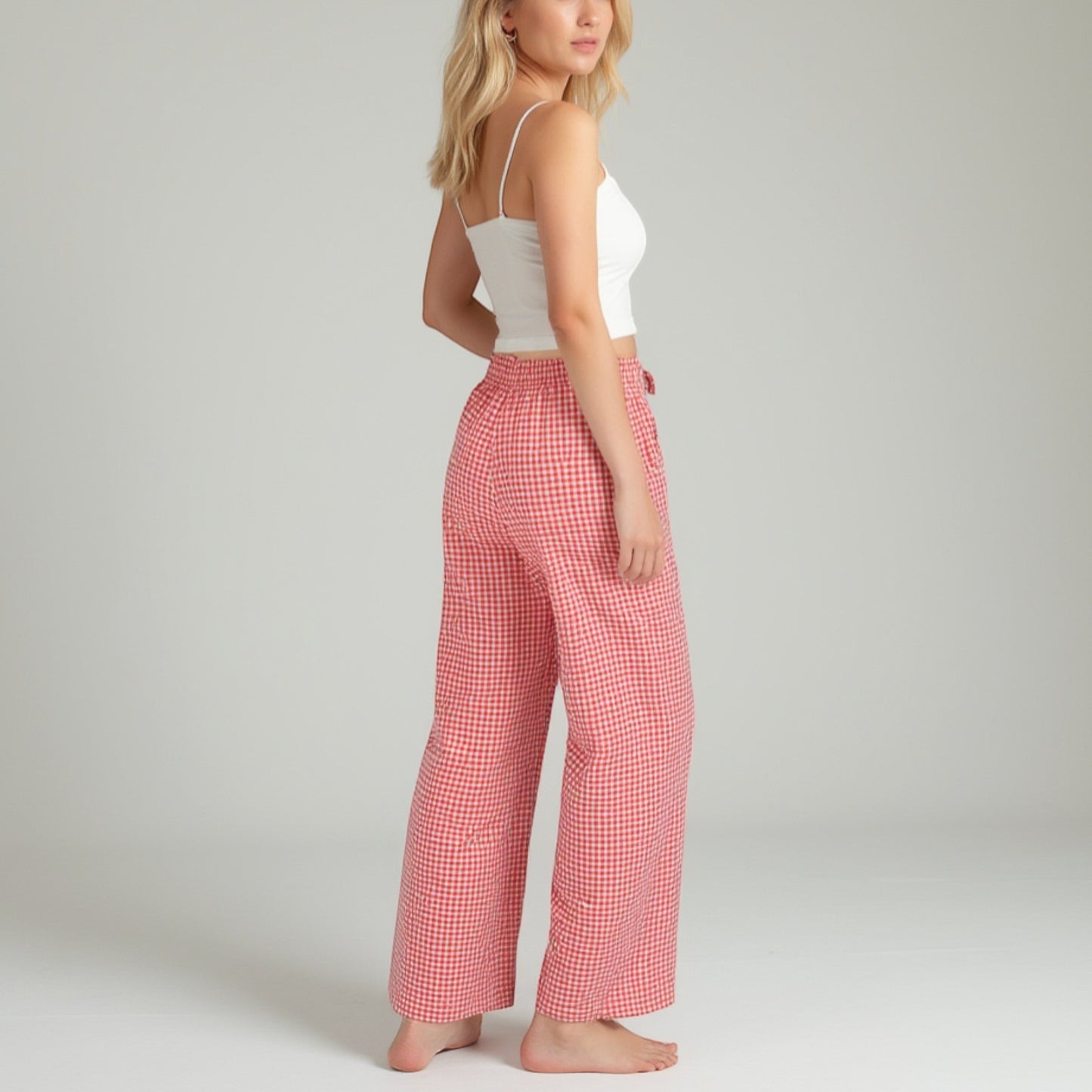 Lounge Women's Gingham Print Pajama Pants with High Waist Elastic Drawstring and Relaxed Straight Leg Fit