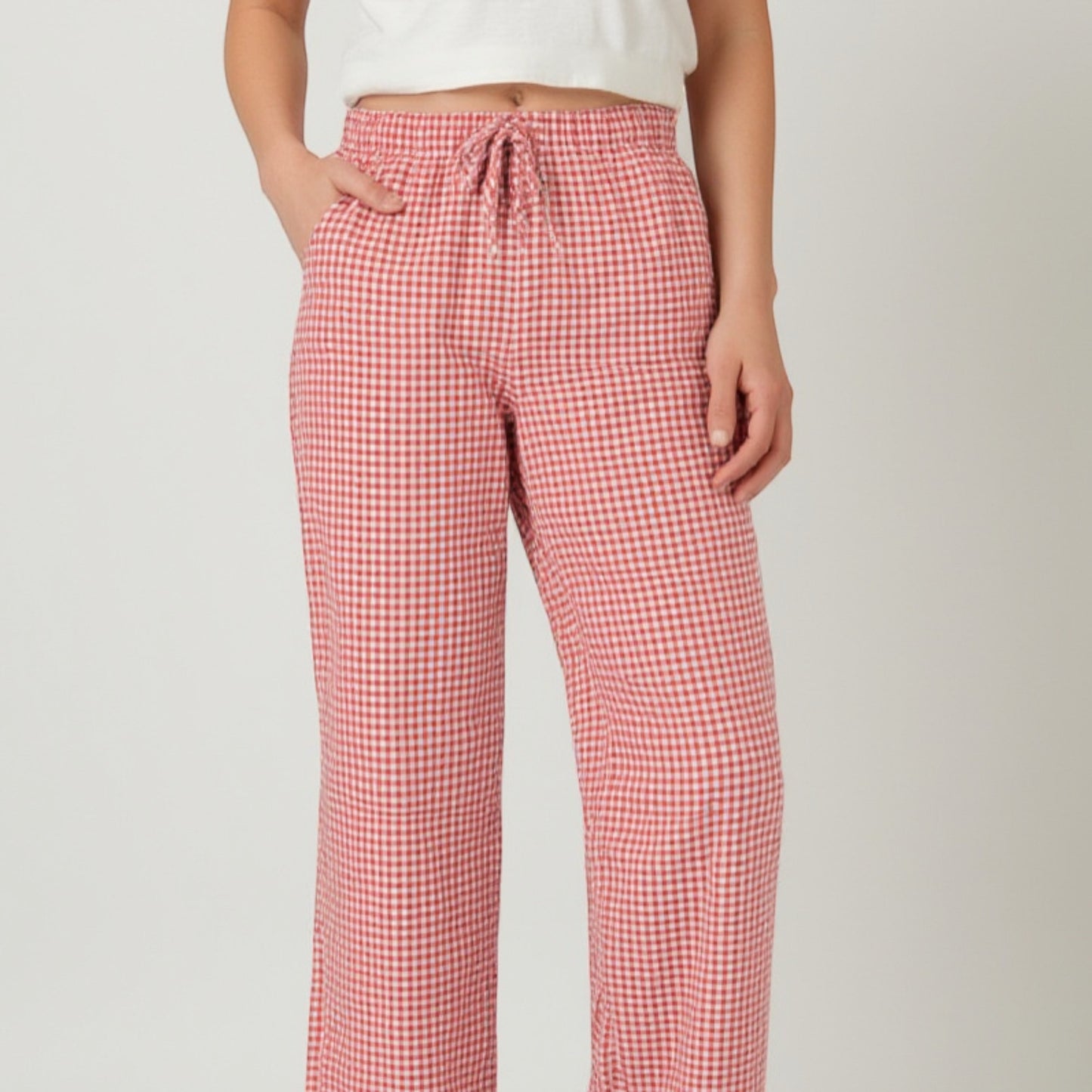 Lounge Women's Gingham Print Pajama Pants with High Waist Elastic Drawstring and Relaxed Straight Leg Fit