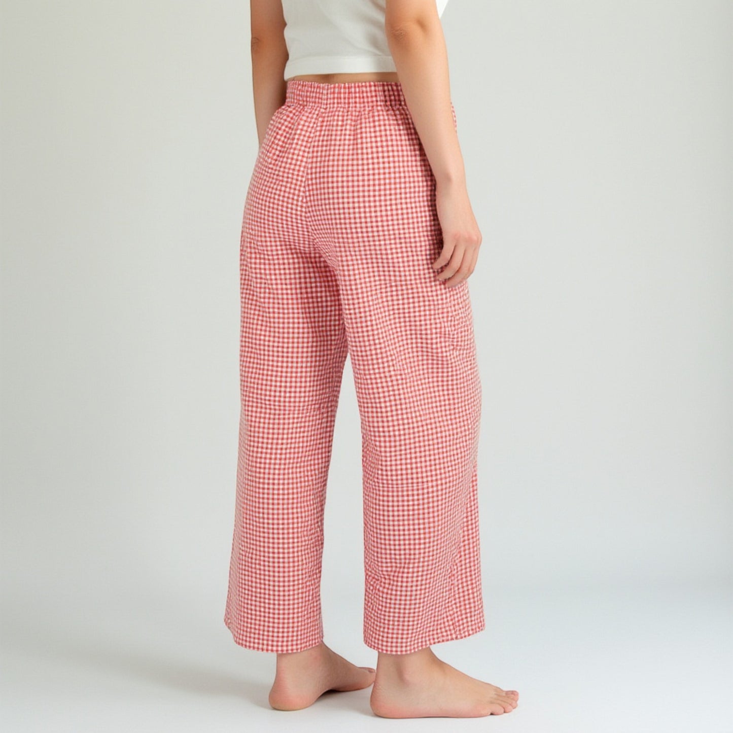 Lounge Women's Gingham Print Pajama Pants with High Waist Elastic Drawstring and Relaxed Straight Leg Fit