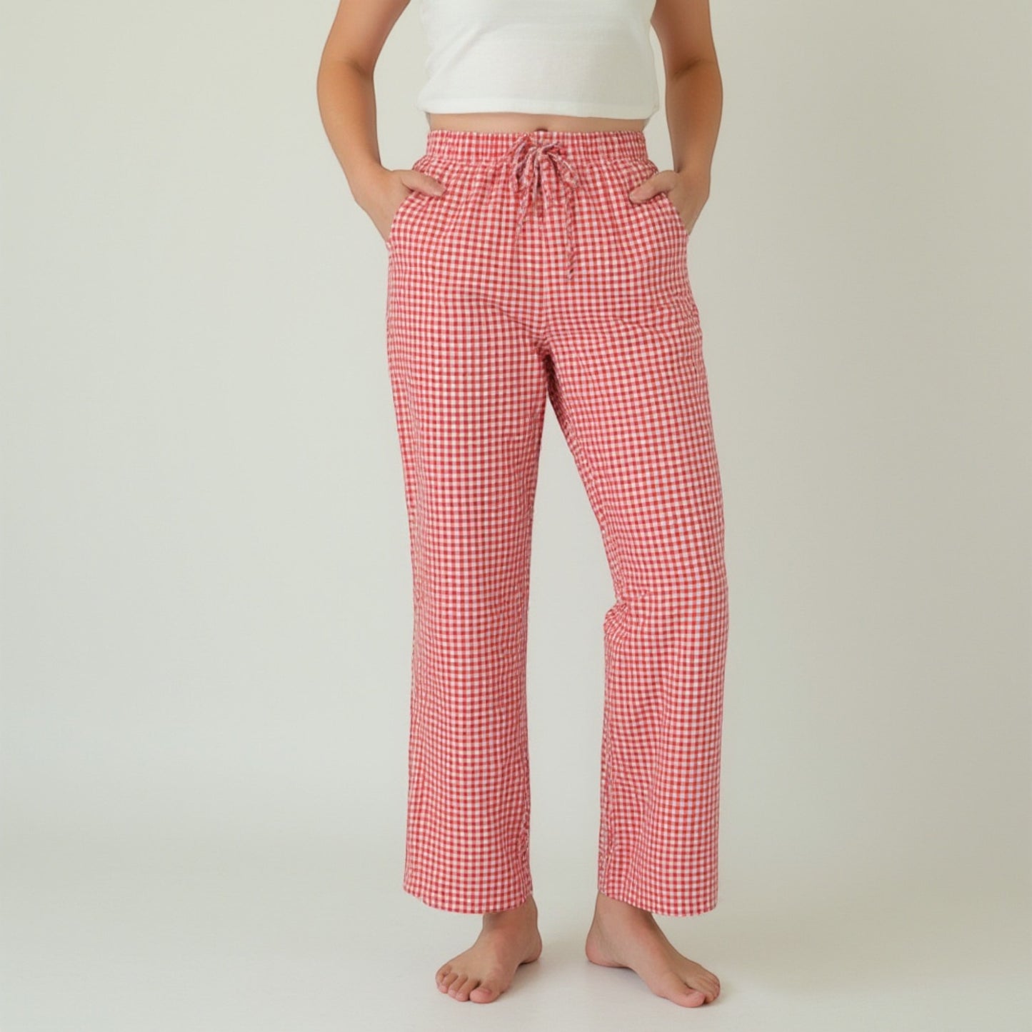 Lounge Women's Gingham Print Pajama Pants with High Waist Elastic Drawstring and Relaxed Straight Leg Fit