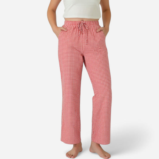Lounge Women's Gingham Print Pajama Pants with High Waist Elastic Drawstring and Relaxed Straight Leg Fit