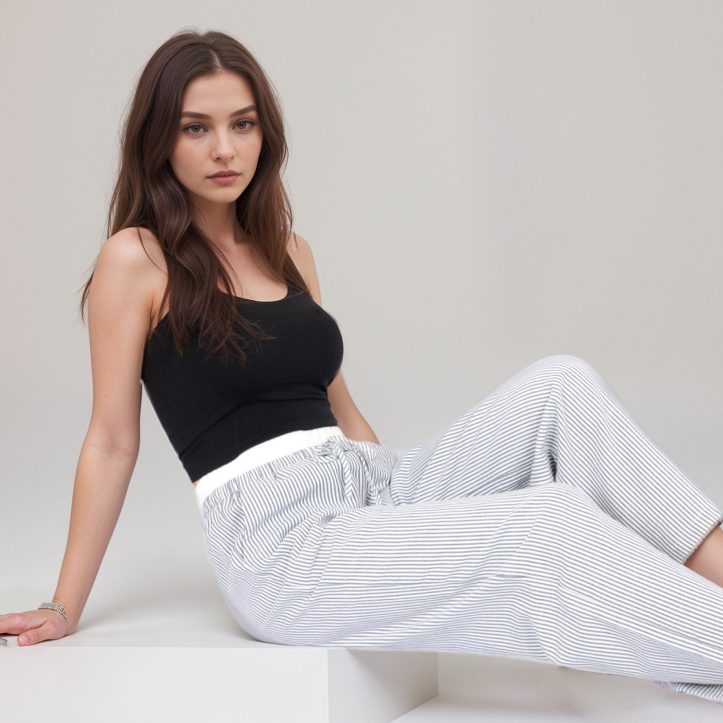 Striped Wide Leg Lounge Pants with Elastic Waistband Adjustable Drawstring and Relaxed Full-Length Fit