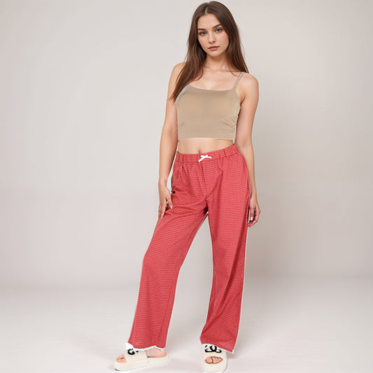 Red Checkered Lounge Pants with Elastic Waistband White Bow Tie Detail and Relaxed Full-Length Wide Leg Fit