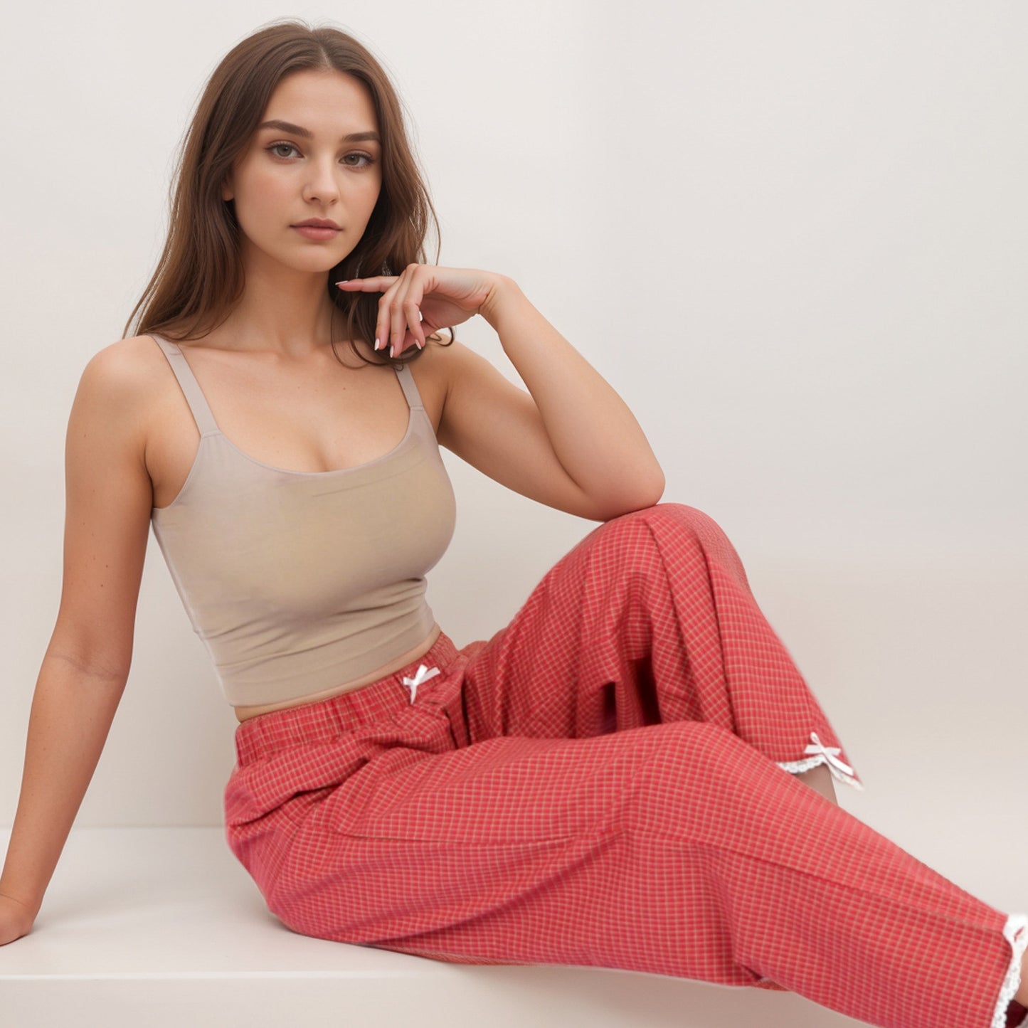 Red Checkered Lounge Pants with Elastic Waistband White Bow Tie Detail and Relaxed Full-Length Wide Leg Fit