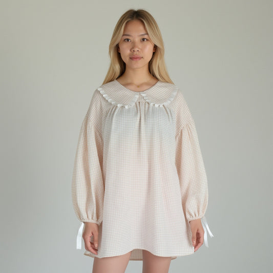 Lounge Women's Gingham Long Sleeve Nightgown with Peter Pan Collar and Ribbon Trim Detail