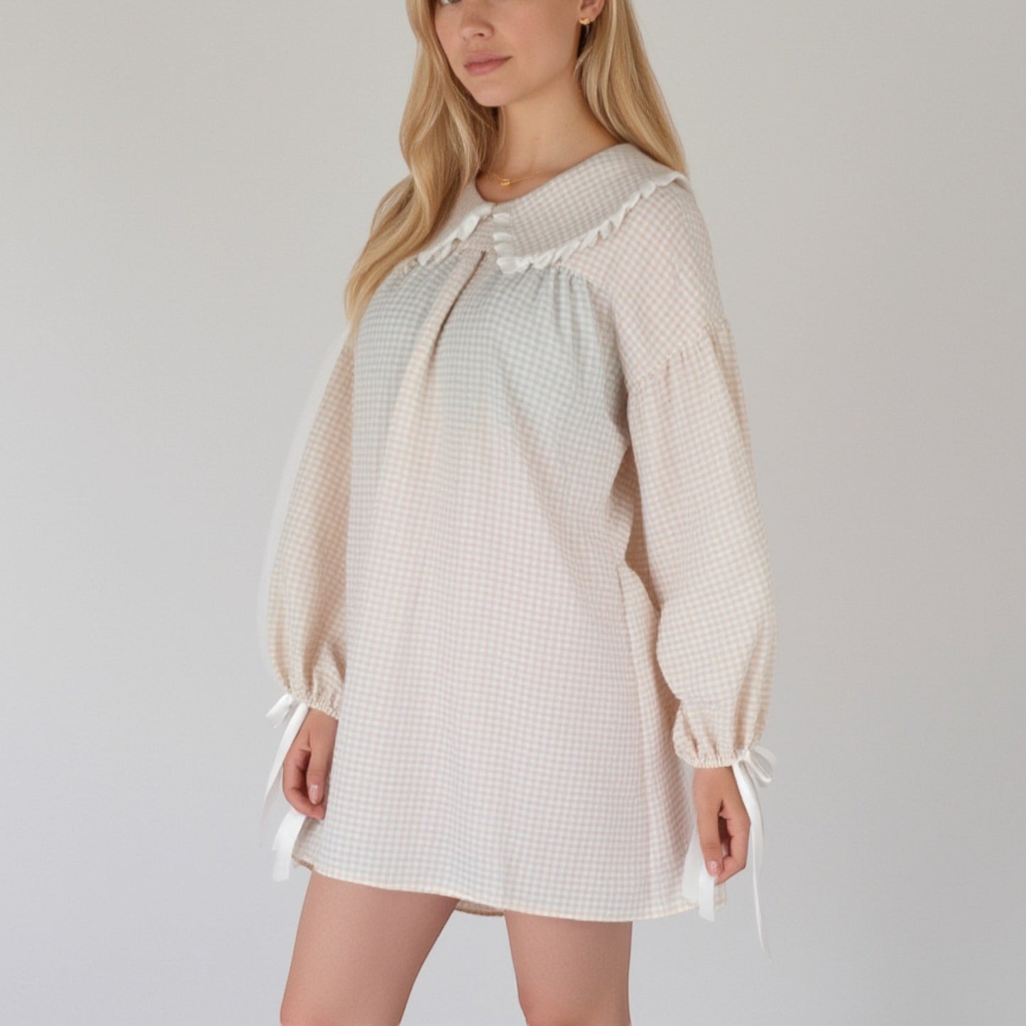 Lounge Women's Gingham Long Sleeve Nightgown with Peter Pan Collar and Ribbon Trim Detail