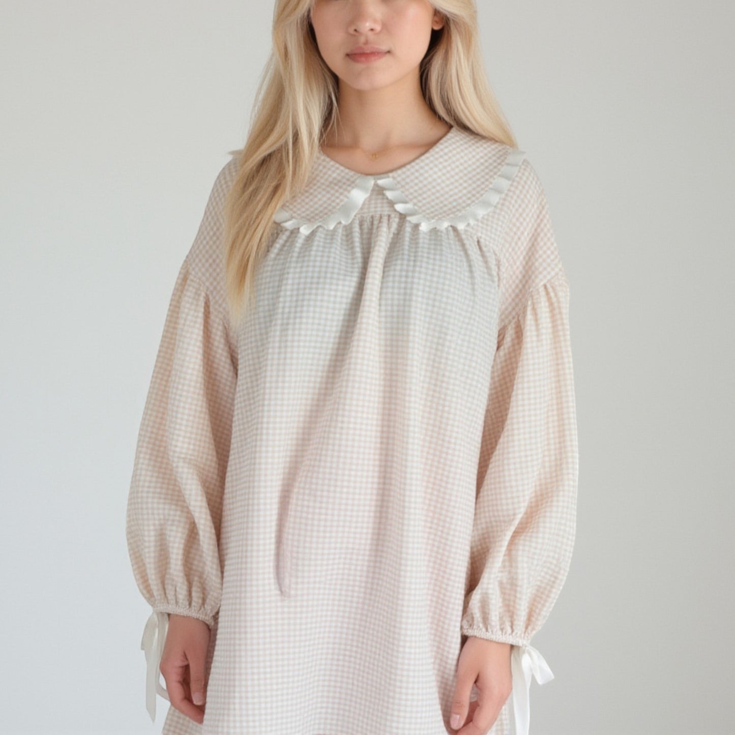 Lounge Women's Gingham Long Sleeve Nightgown with Peter Pan Collar and Ribbon Trim Detail