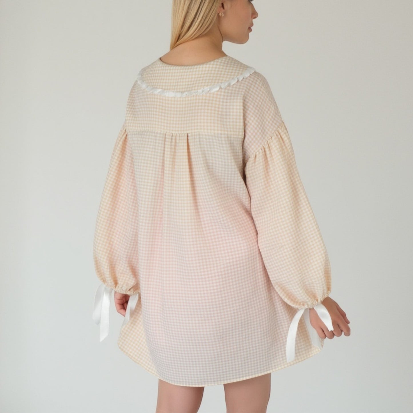 Lounge Women's Gingham Long Sleeve Nightgown with Peter Pan Collar and Ribbon Trim Detail