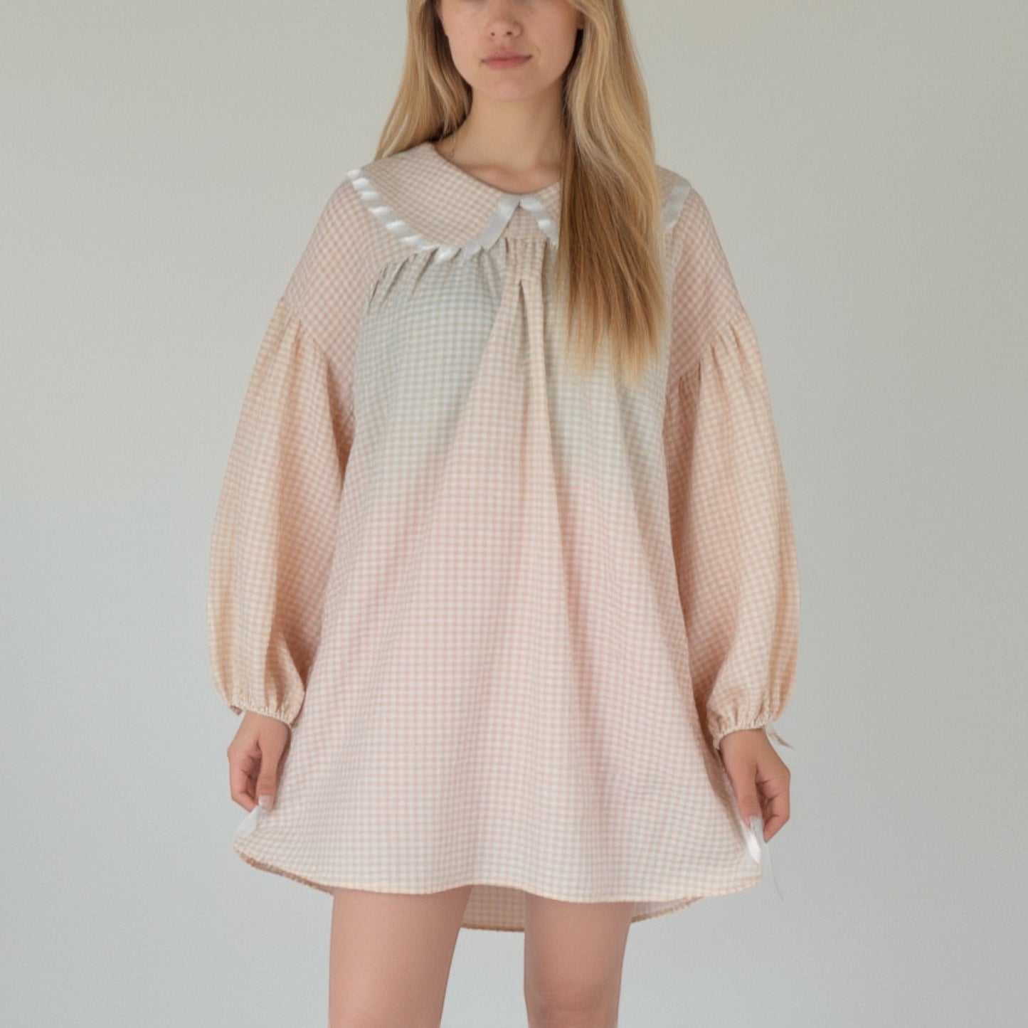Lounge Women's Gingham Long Sleeve Nightgown with Peter Pan Collar and Ribbon Trim Detail