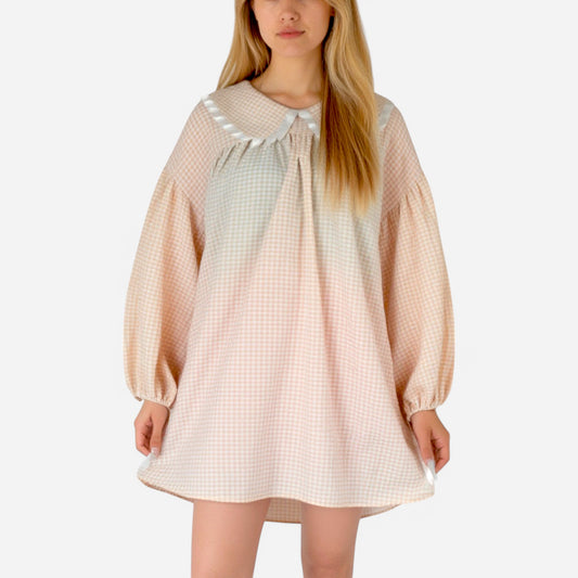Lounge Women's Gingham Long Sleeve Nightgown with Peter Pan Collar and Ribbon Trim Detail