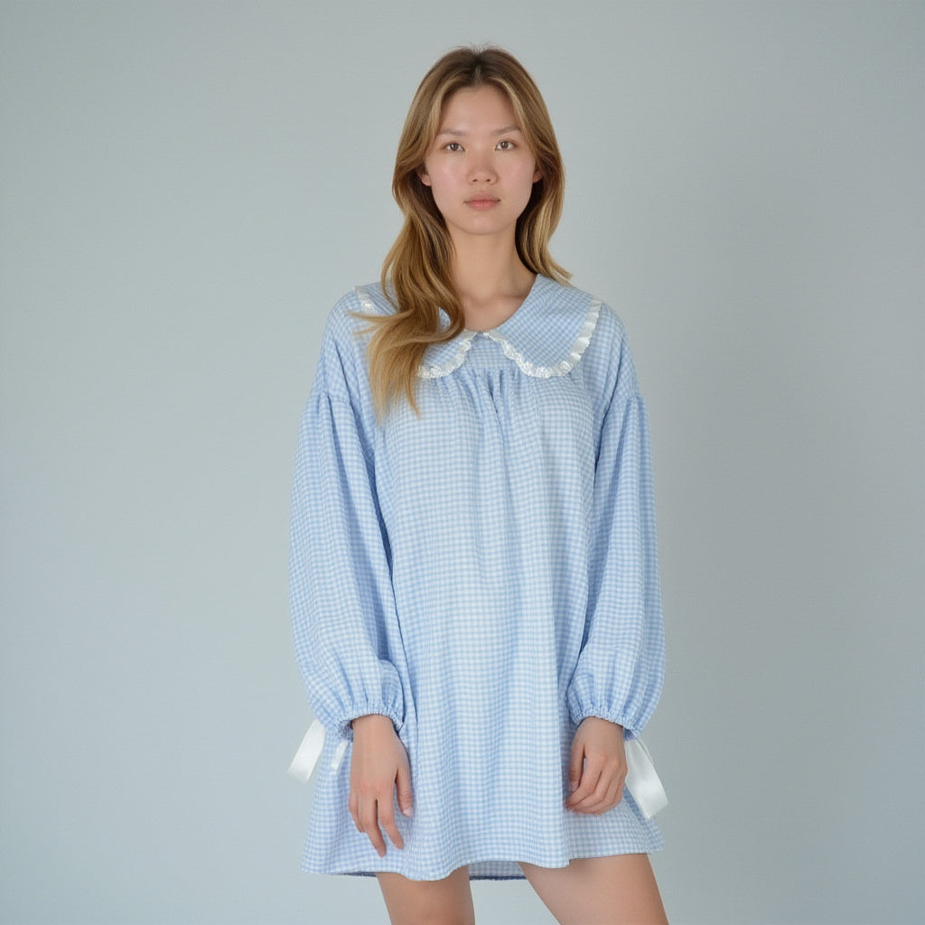 Lounge Women's Gingham Long Sleeve Nightgown with Peter Pan Collar and Ribbon Trim Detail