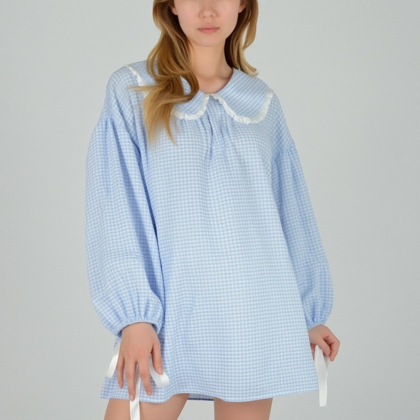 Lounge Women's Gingham Long Sleeve Nightgown with Peter Pan Collar and Ribbon Trim Detail