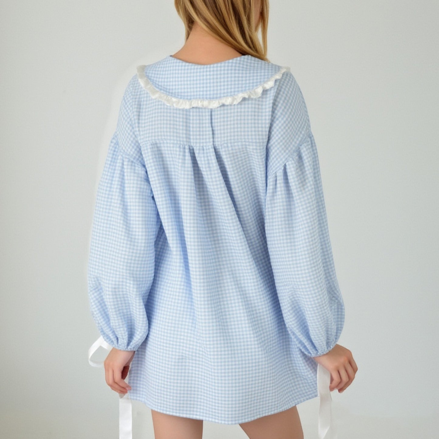 Lounge Women's Gingham Long Sleeve Nightgown with Peter Pan Collar and Ribbon Trim Detail