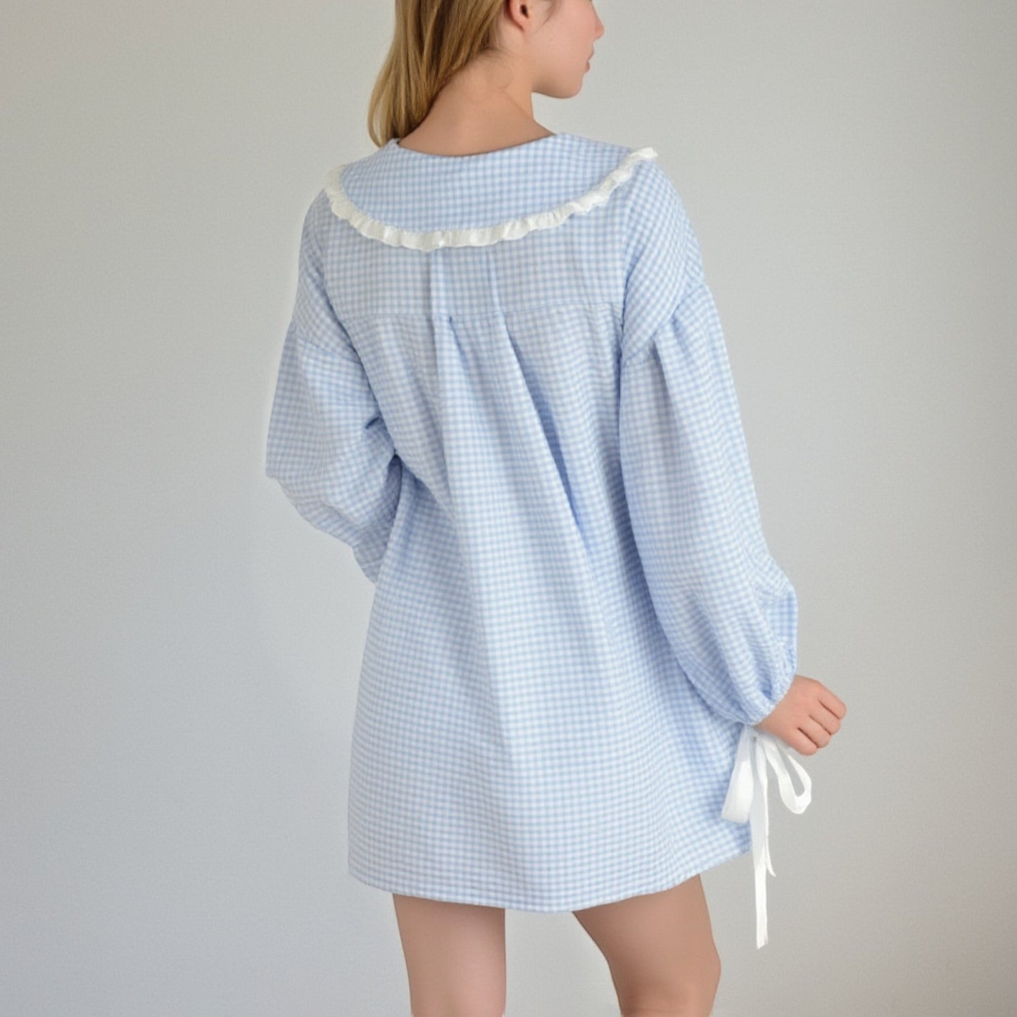 Lounge Women's Gingham Long Sleeve Nightgown with Peter Pan Collar and Ribbon Trim Detail