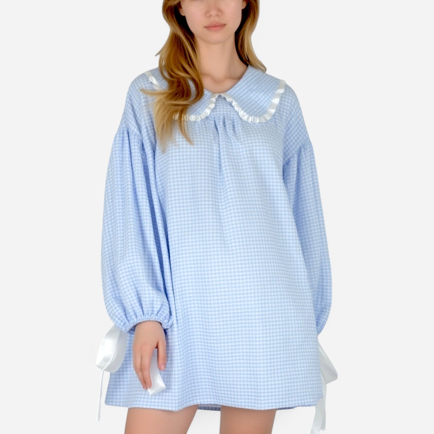 Lounge Women's Gingham Long Sleeve Nightgown with Peter Pan Collar and Ribbon Trim Detail