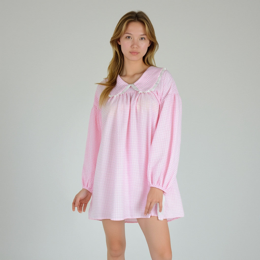 Lounge Women's Gingham Long Sleeve Nightgown with Peter Pan Collar and Ribbon Trim Detail