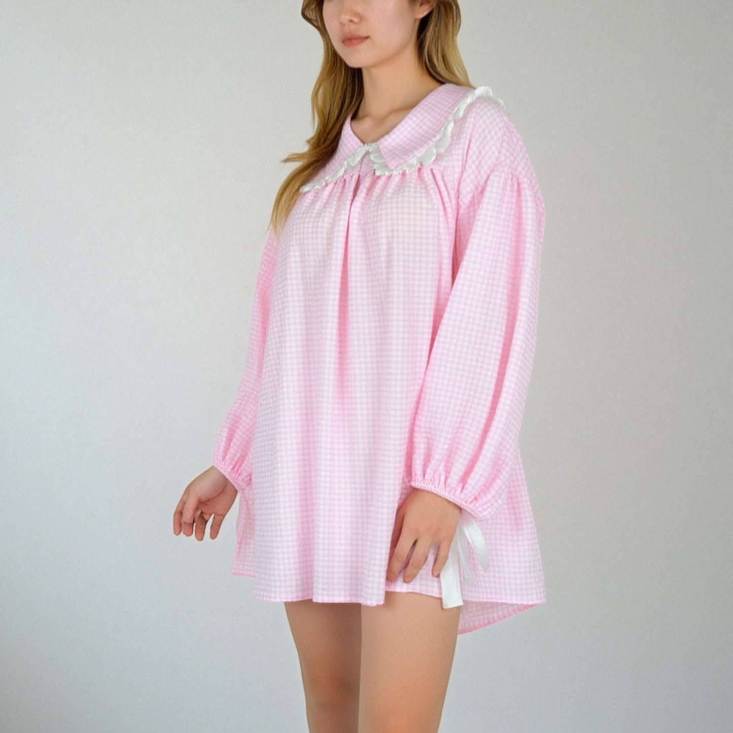 Lounge Women's Gingham Long Sleeve Nightgown with Peter Pan Collar and Ribbon Trim Detail