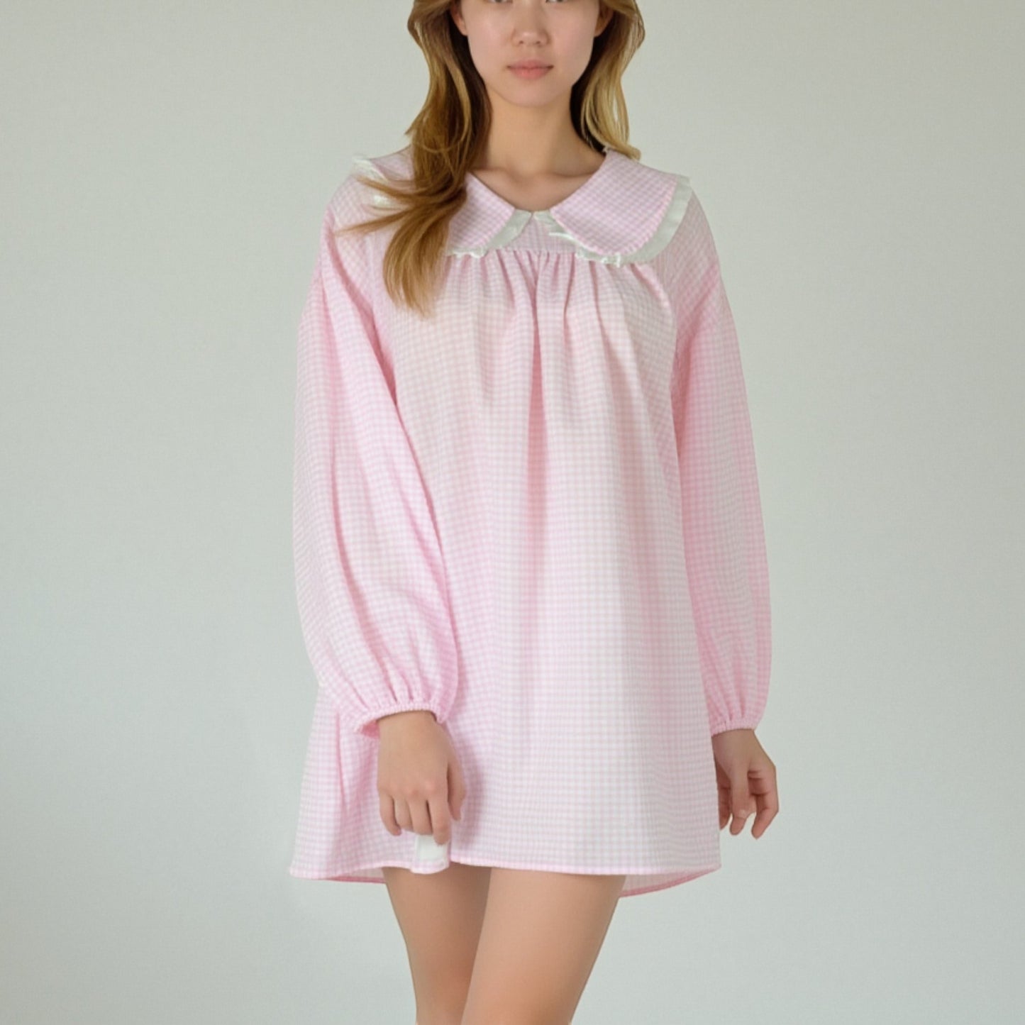Lounge Women's Gingham Long Sleeve Nightgown with Peter Pan Collar and Ribbon Trim Detail