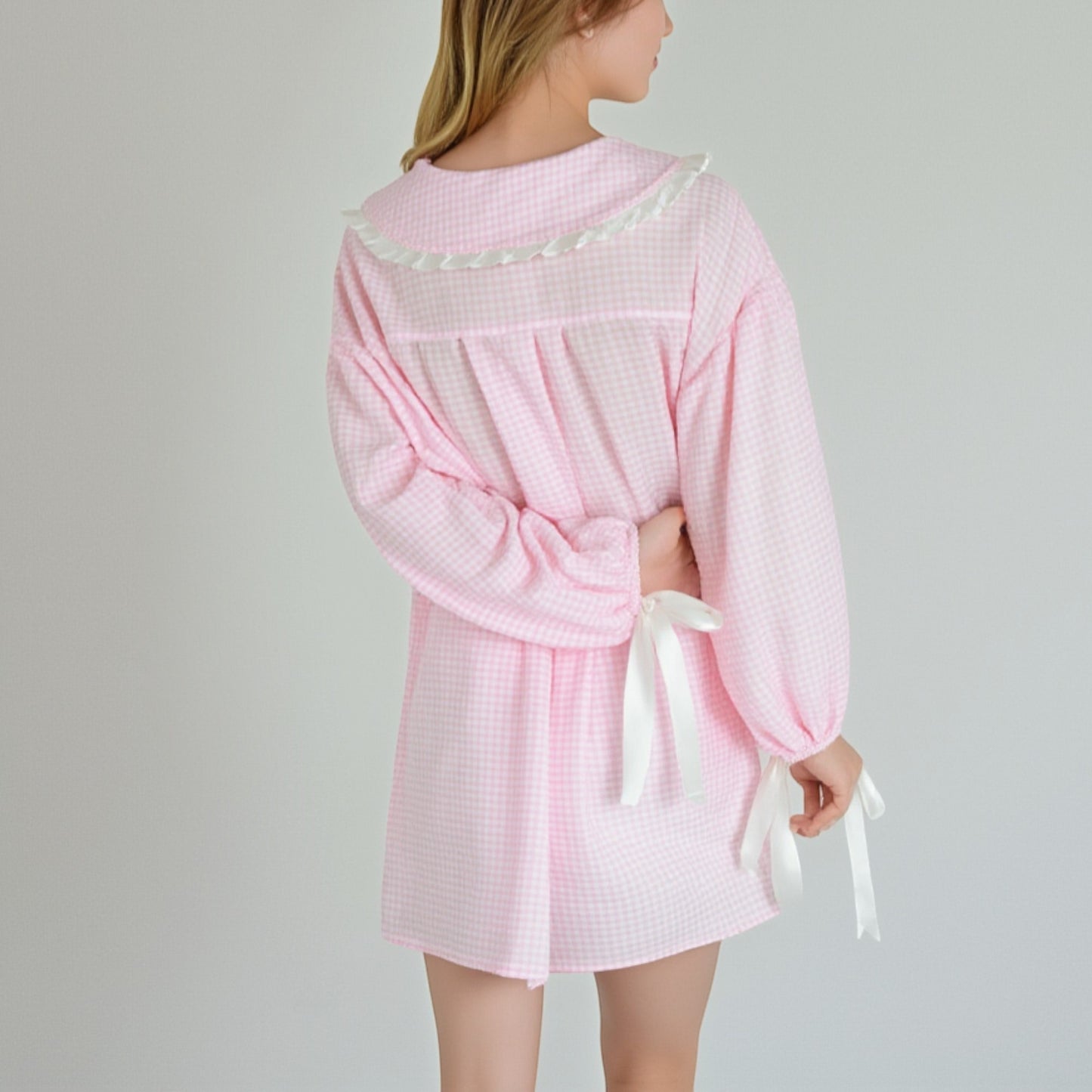 Lounge Women's Gingham Long Sleeve Nightgown with Peter Pan Collar and Ribbon Trim Detail