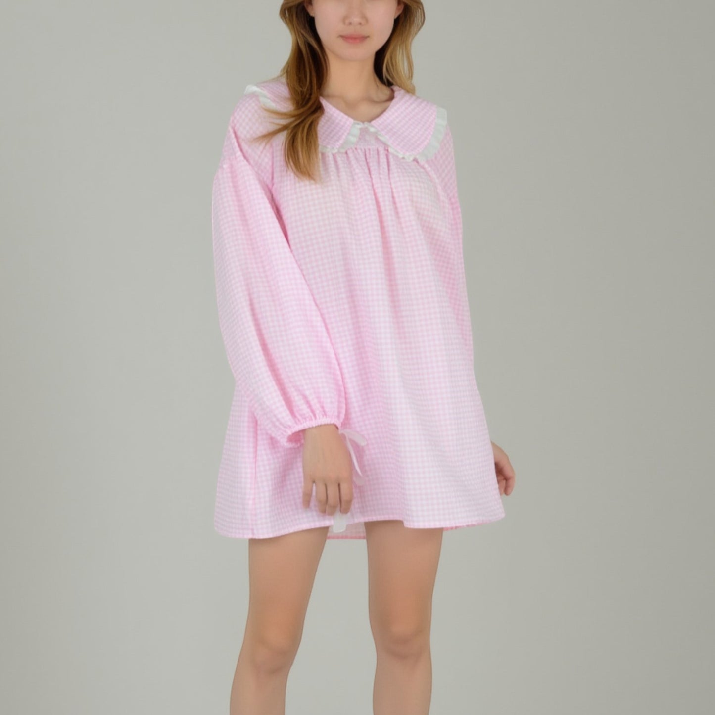 Lounge Women's Gingham Long Sleeve Nightgown with Peter Pan Collar and Ribbon Trim Detail