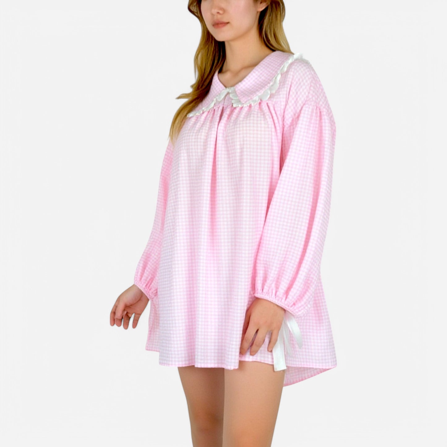 Lounge Women's Gingham Long Sleeve Nightgown with Peter Pan Collar and Ribbon Trim Detail