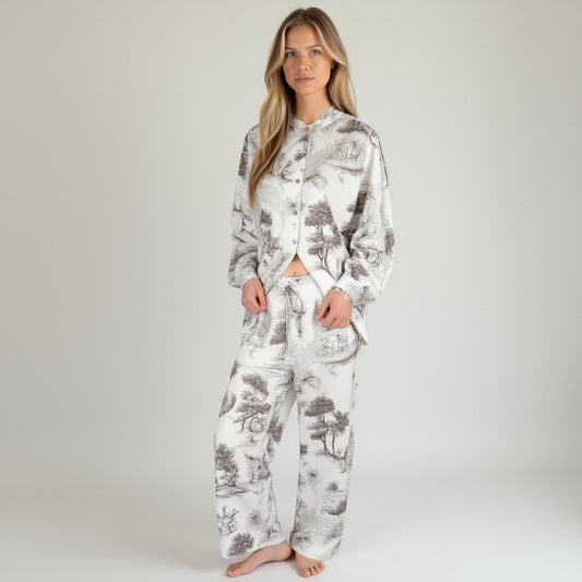 Lounge Women's Toile Print Button Up Pajama Set with Long Sleeve Top and Elastic Waist Drawstring Pants