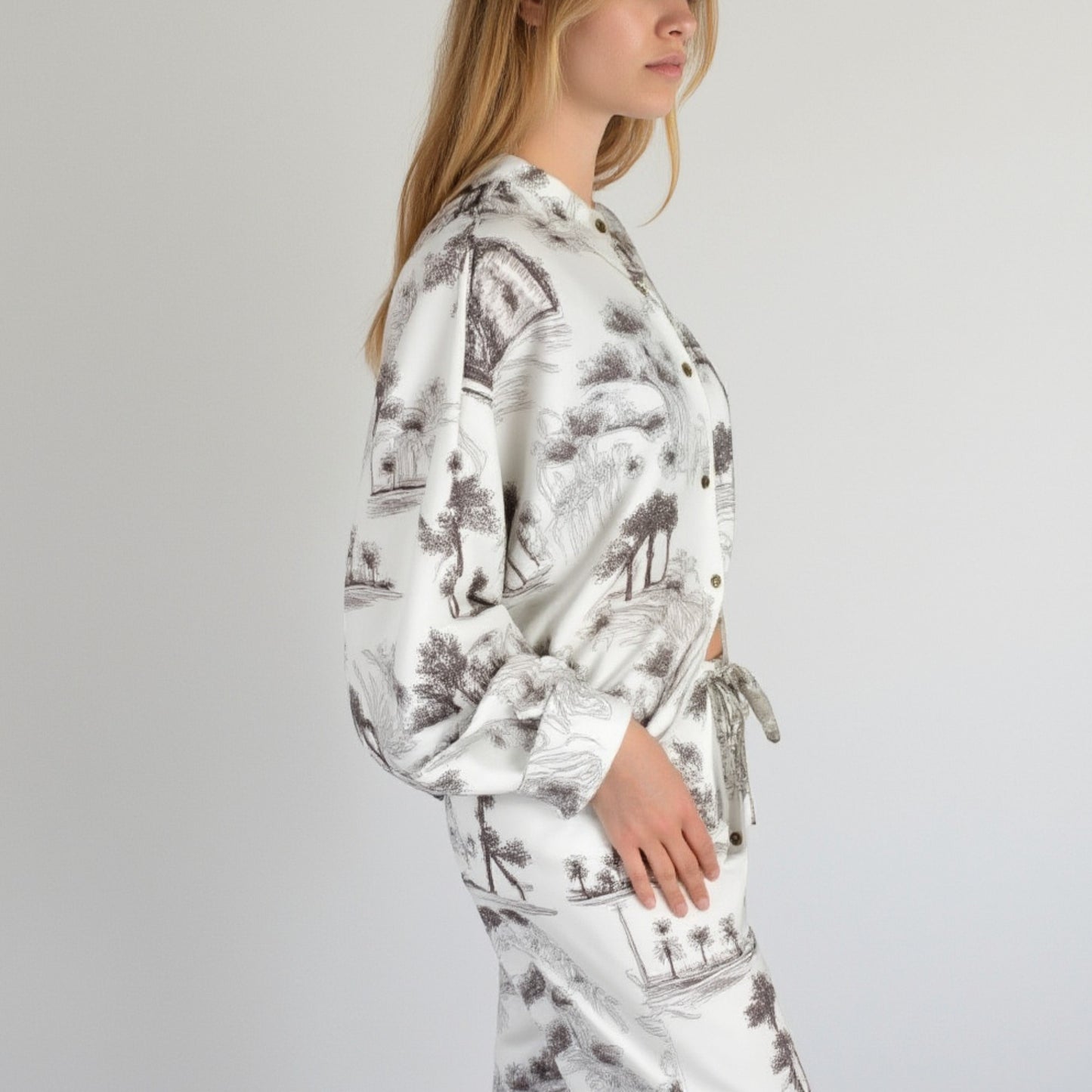 Lounge Women's Toile Print Button Up Pajama Set with Long Sleeve Top and Elastic Waist Drawstring Pants