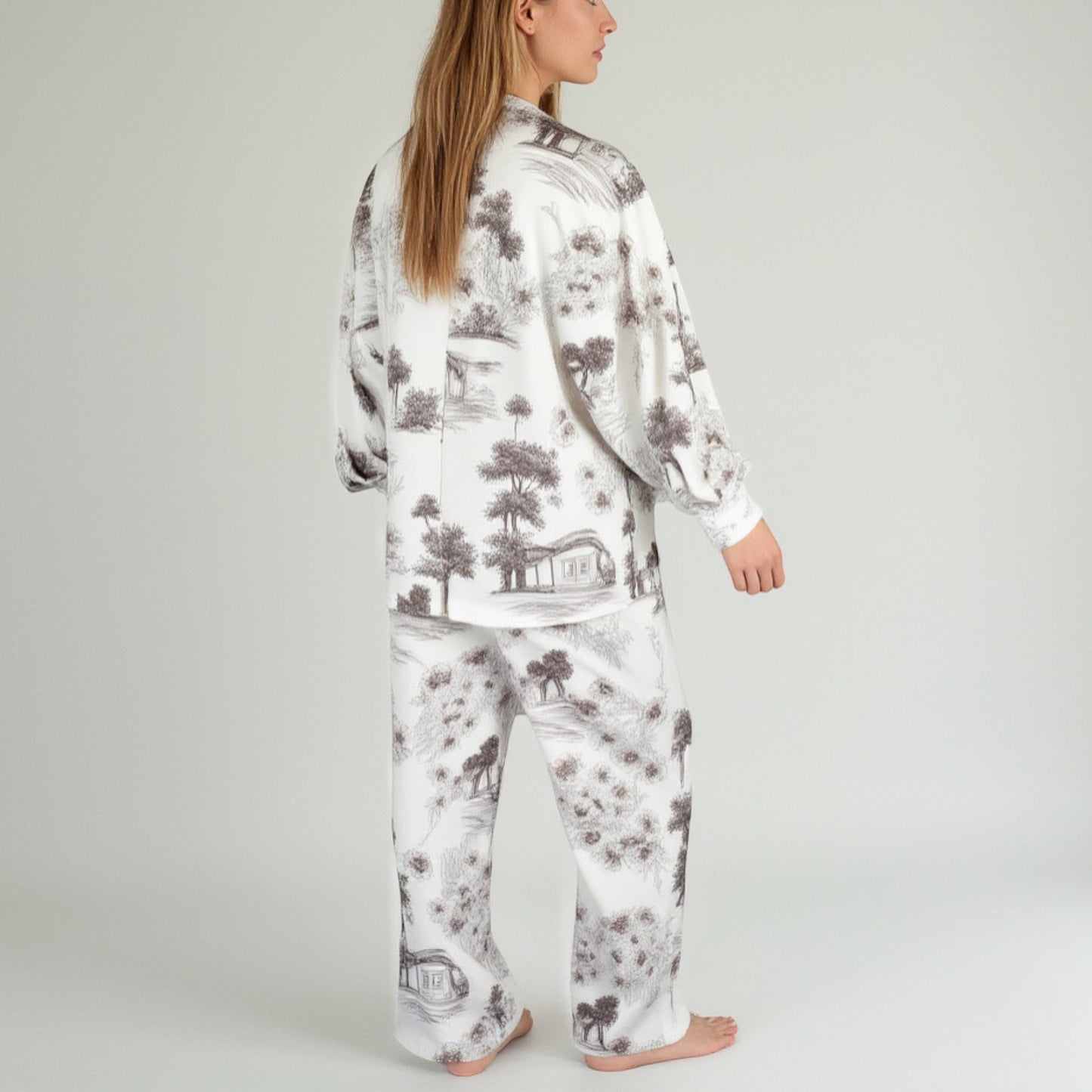 Lounge Women's Toile Print Button Up Pajama Set with Long Sleeve Top and Elastic Waist Drawstring Pants