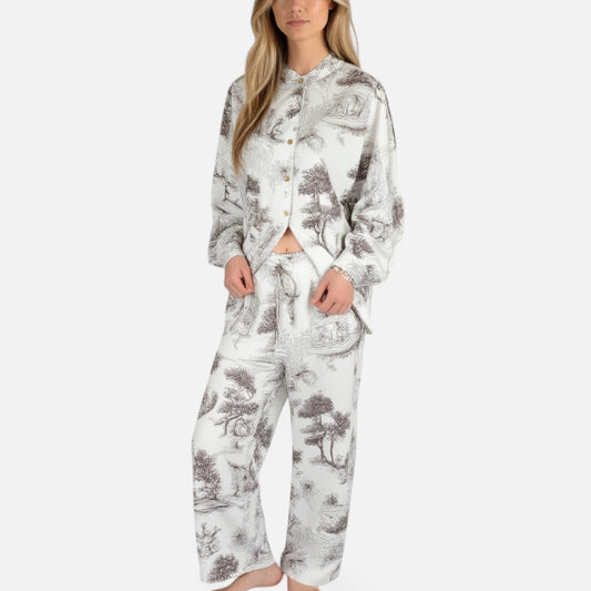 Lounge Women's Toile Print Button Up Pajama Set with Long Sleeve Top and Elastic Waist Drawstring Pants