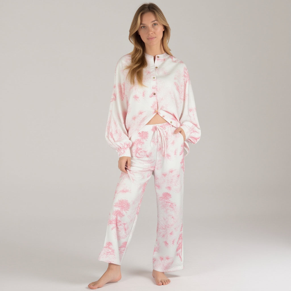 Lounge Women's Toile Print Button Up Pajama Set with Long Sleeve Top and Elastic Waist Drawstring Pants