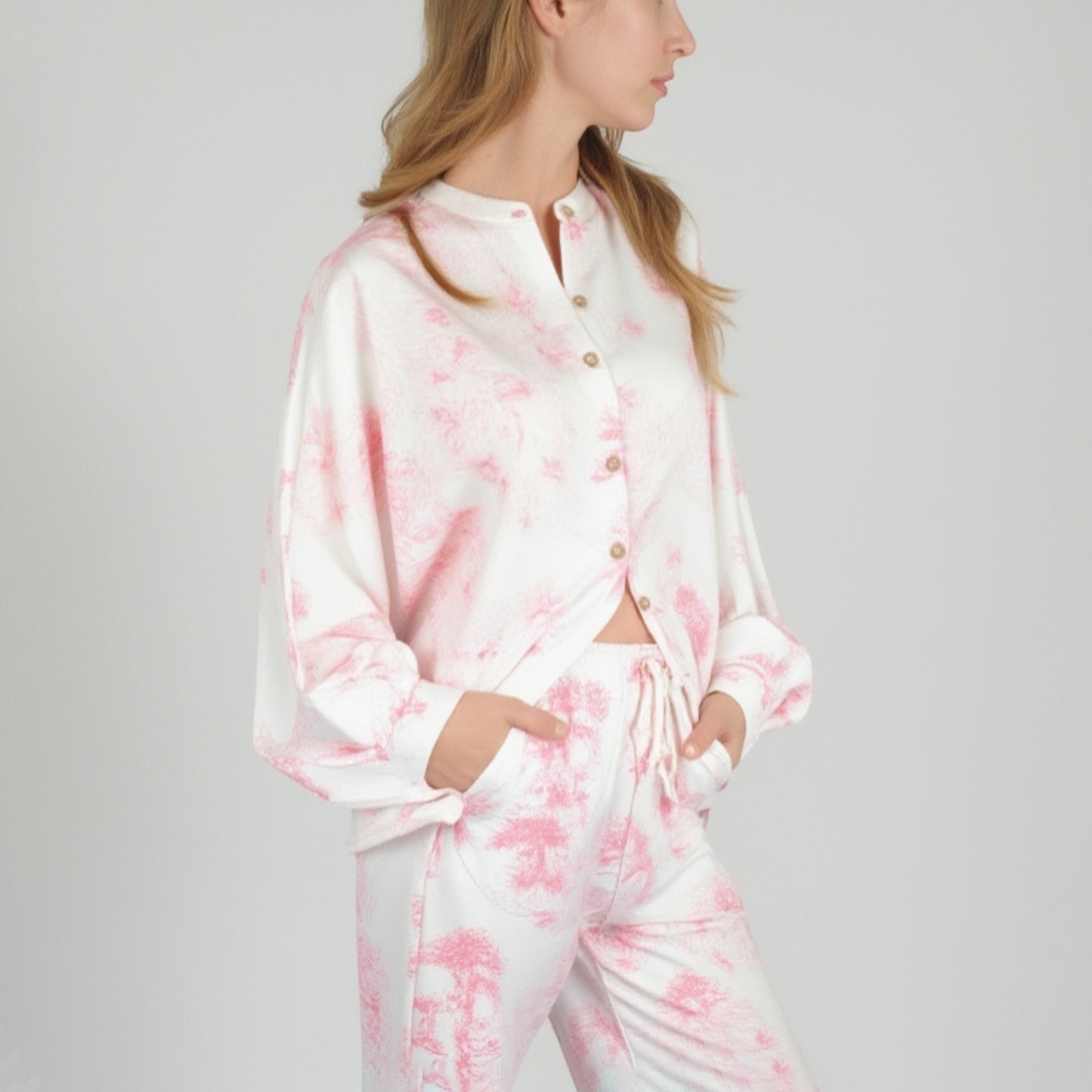 Lounge Women's Toile Print Button Up Pajama Set with Long Sleeve Top and Elastic Waist Drawstring Pants