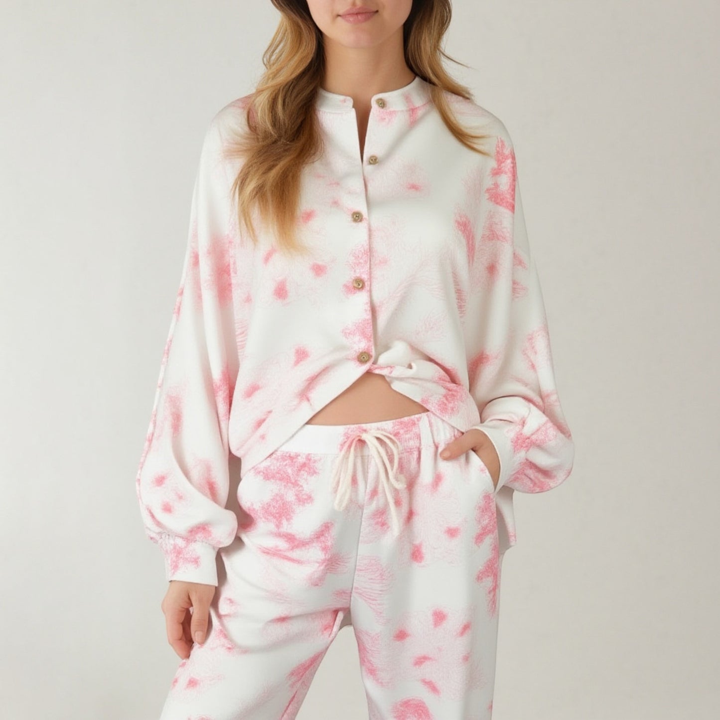 Lounge Women's Toile Print Button Up Pajama Set with Long Sleeve Top and Elastic Waist Drawstring Pants