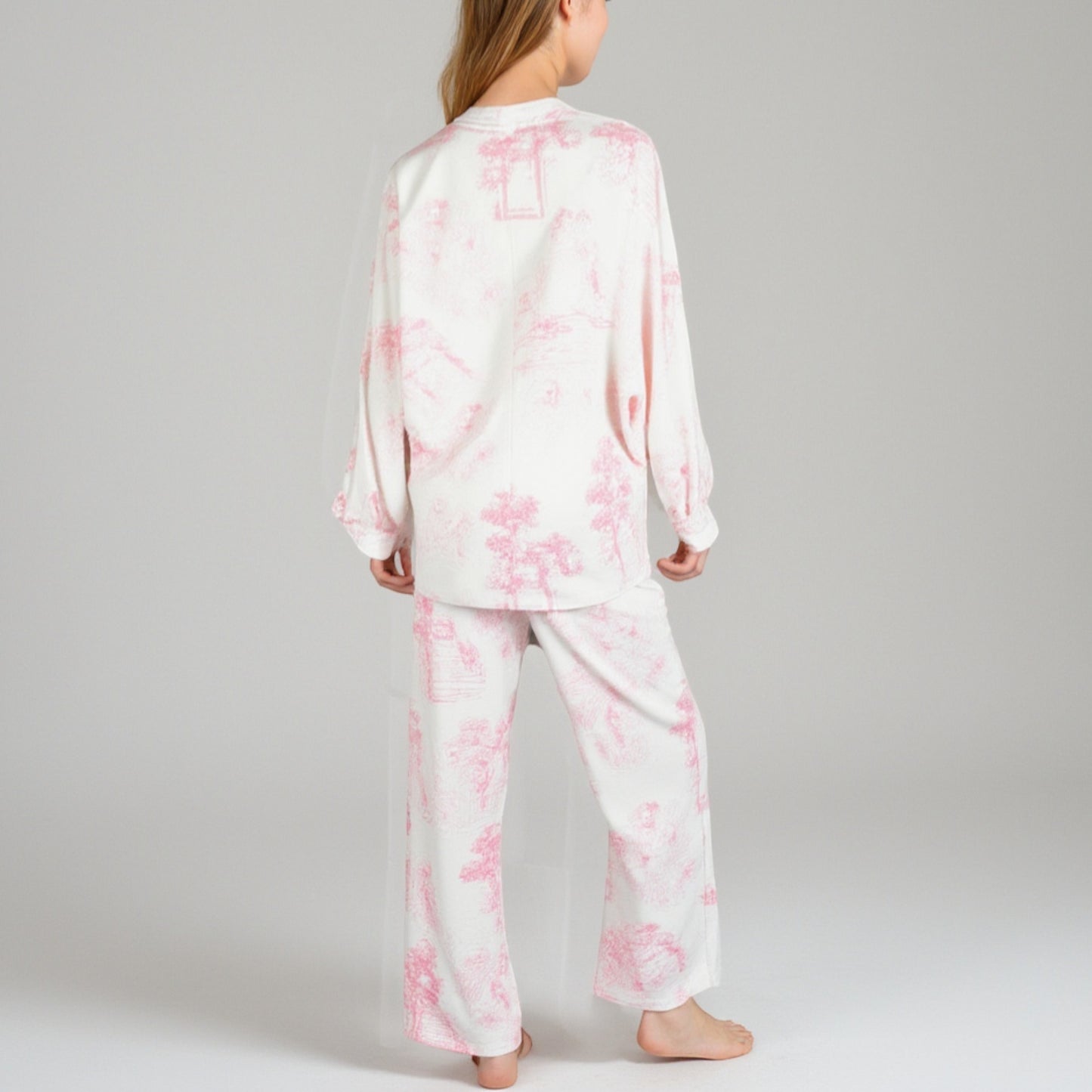 Lounge Women's Toile Print Button Up Pajama Set with Long Sleeve Top and Elastic Waist Drawstring Pants