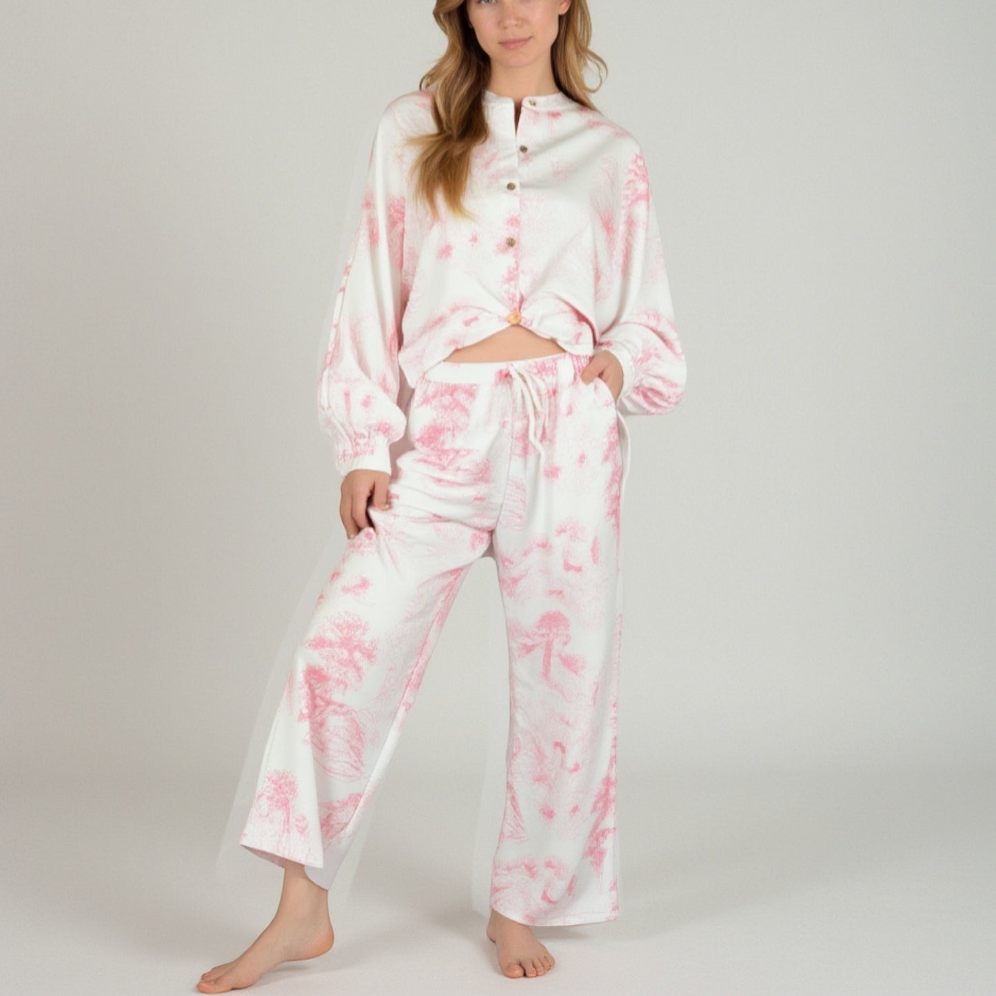 Lounge Women's Toile Print Button Up Pajama Set with Long Sleeve Top and Elastic Waist Drawstring Pants