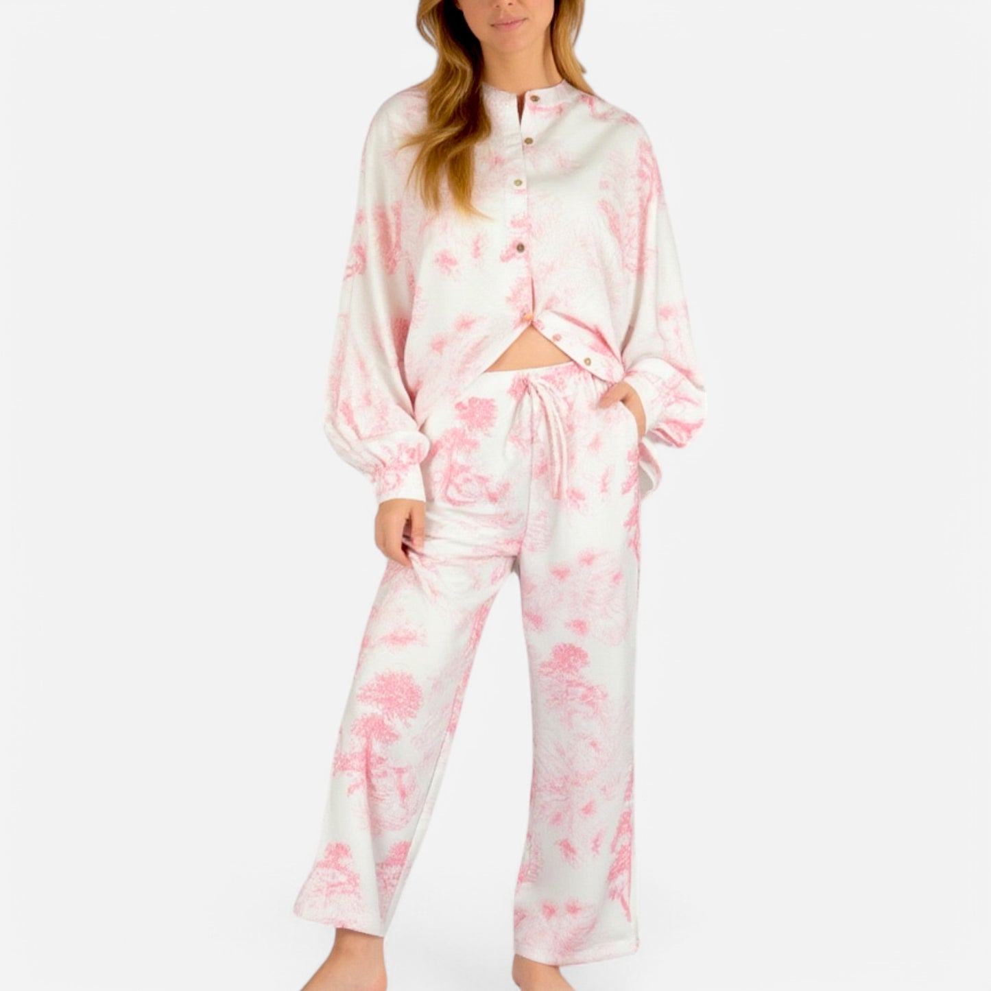 Lounge Women's Toile Print Button Up Pajama Set with Long Sleeve Top and Elastic Waist Drawstring Pants