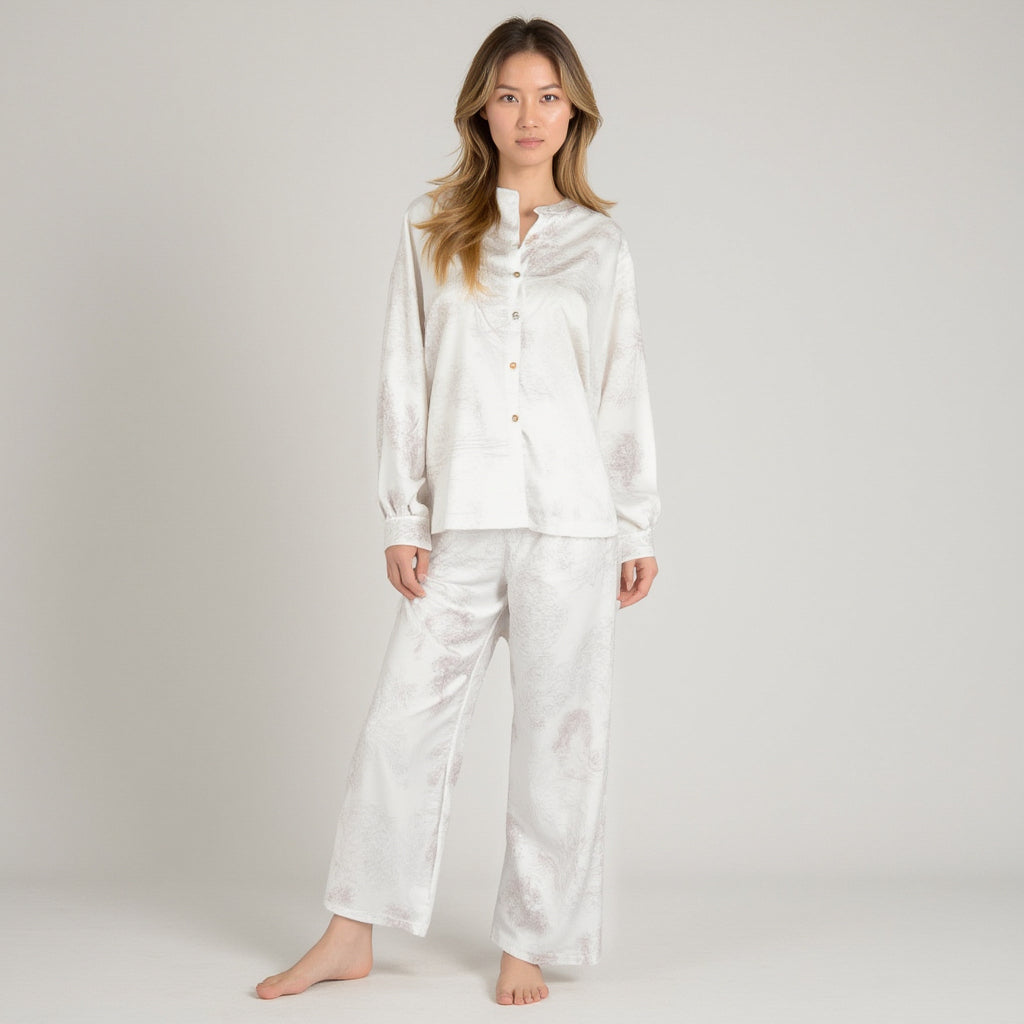 Lounge Women's Toile Print Button Up Pajama Set with Long Sleeve Top and Elastic Waist Drawstring Pants
