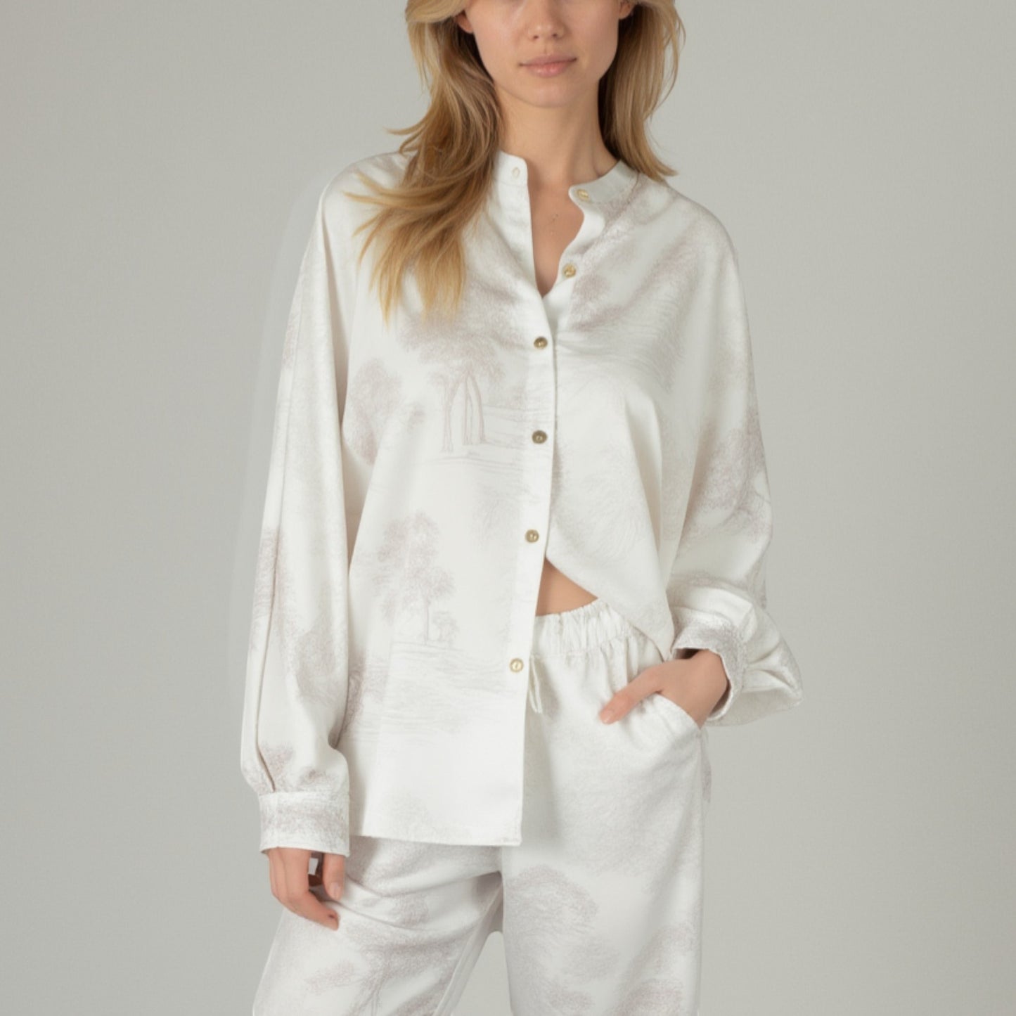 Lounge Women's Toile Print Button Up Pajama Set with Long Sleeve Top and Elastic Waist Drawstring Pants