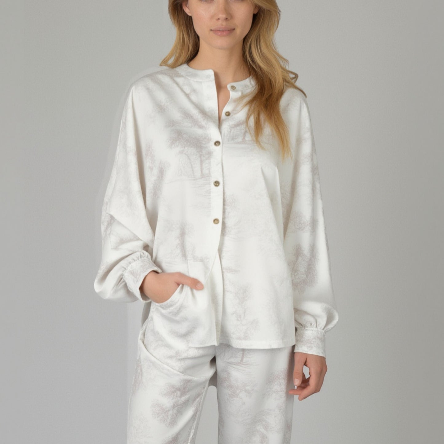 Lounge Women's Toile Print Button Up Pajama Set with Long Sleeve Top and Elastic Waist Drawstring Pants