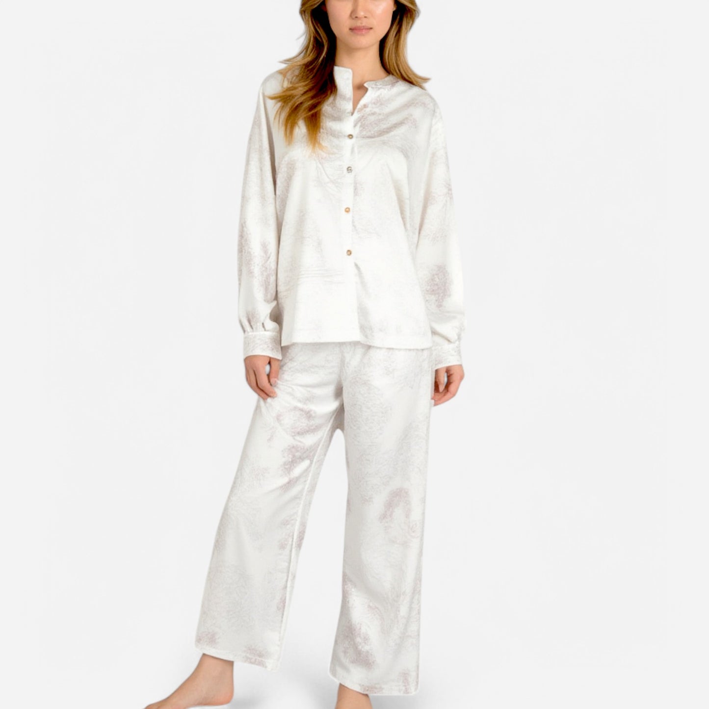 Lounge Women's Toile Print Button Up Pajama Set with Long Sleeve Top and Elastic Waist Drawstring Pants