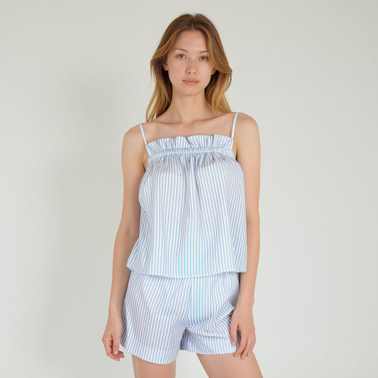Lounge Women's Striped Pajama Set with Ruffle Trim Cami Top and Relaxed Fit Shorts