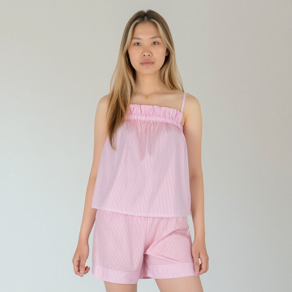 Lounge Women's Striped Pajama Set with Ruffle Trim Cami Top and Relaxed Fit Shorts