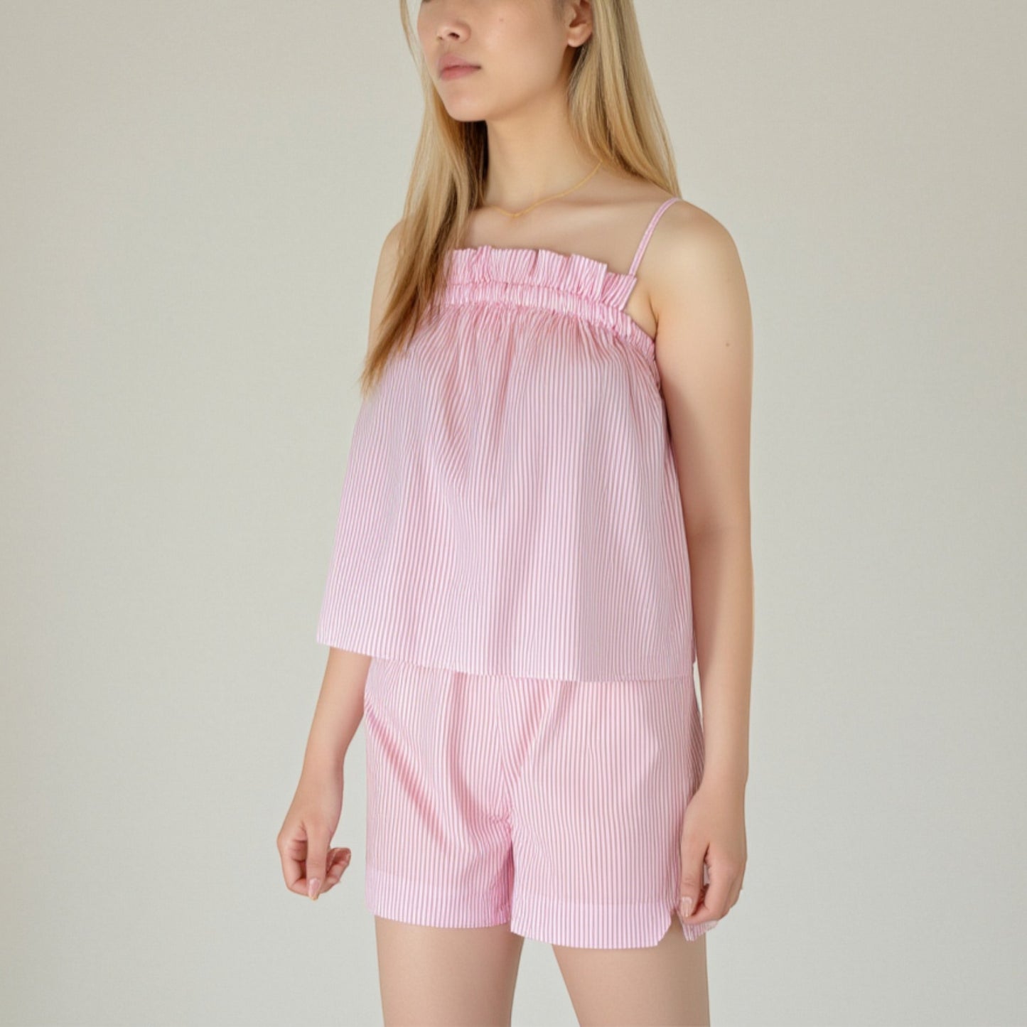 Lounge Women's Striped Pajama Set with Ruffle Trim Cami Top and Relaxed Fit Shorts