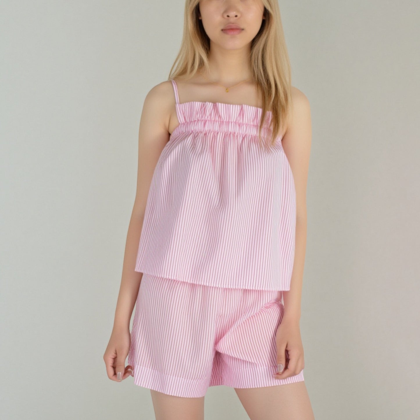Lounge Women's Striped Pajama Set with Ruffle Trim Cami Top and Relaxed Fit Shorts