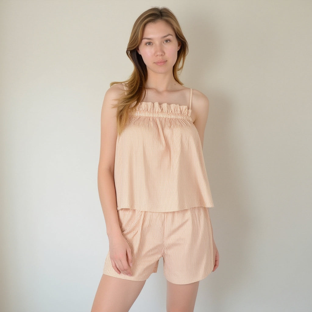 Lounge Women's Striped Pajama Set with Ruffle Trim Cami Top and Relaxed Fit Shorts