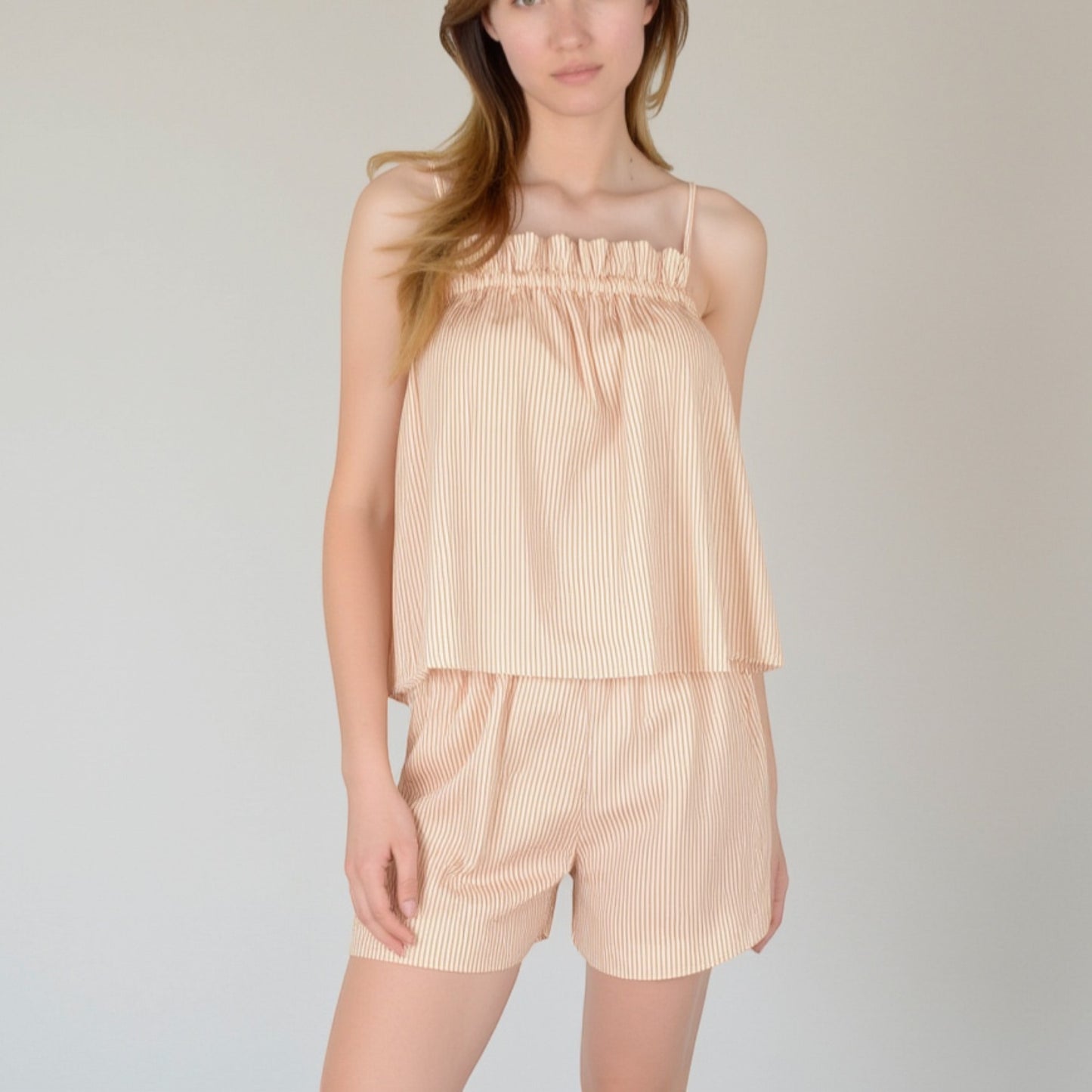 Lounge Women's Striped Pajama Set with Ruffle Trim Cami Top and Relaxed Fit Shorts
