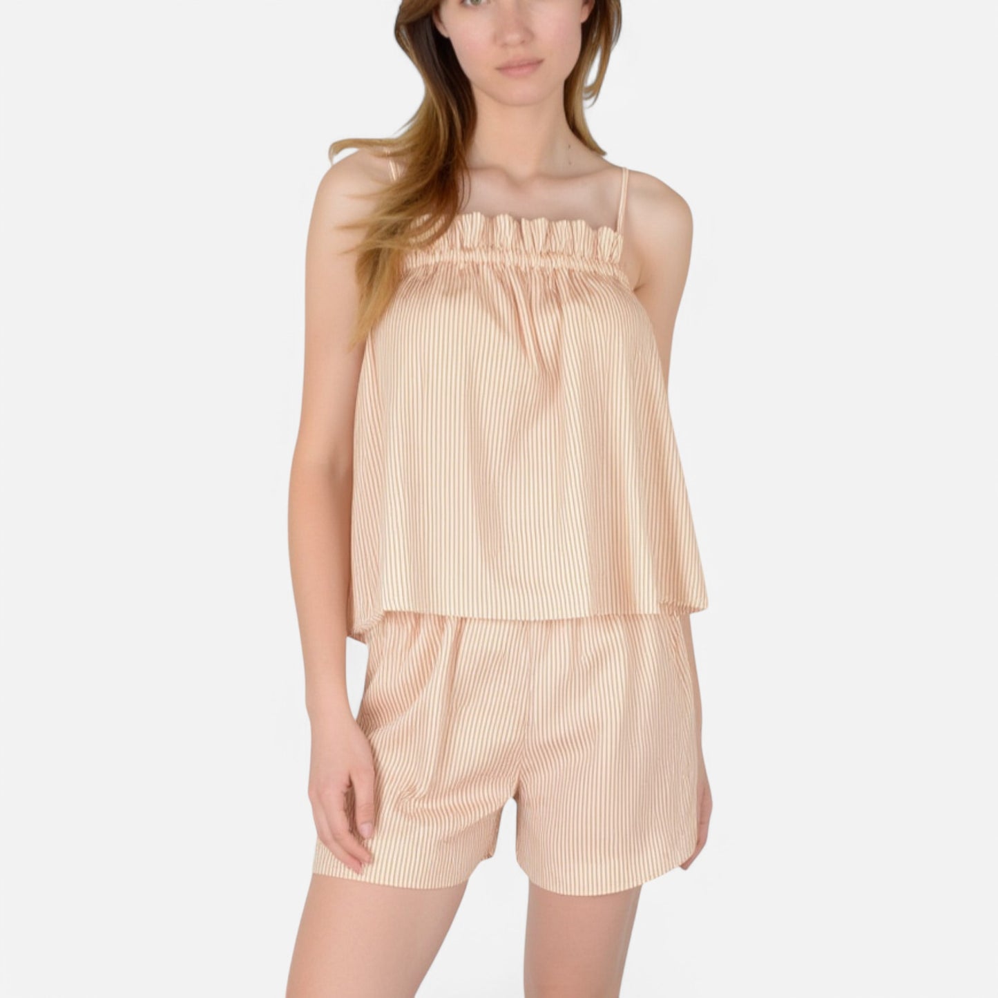Lounge Women's Striped Pajama Set with Ruffle Trim Cami Top and Relaxed Fit Shorts