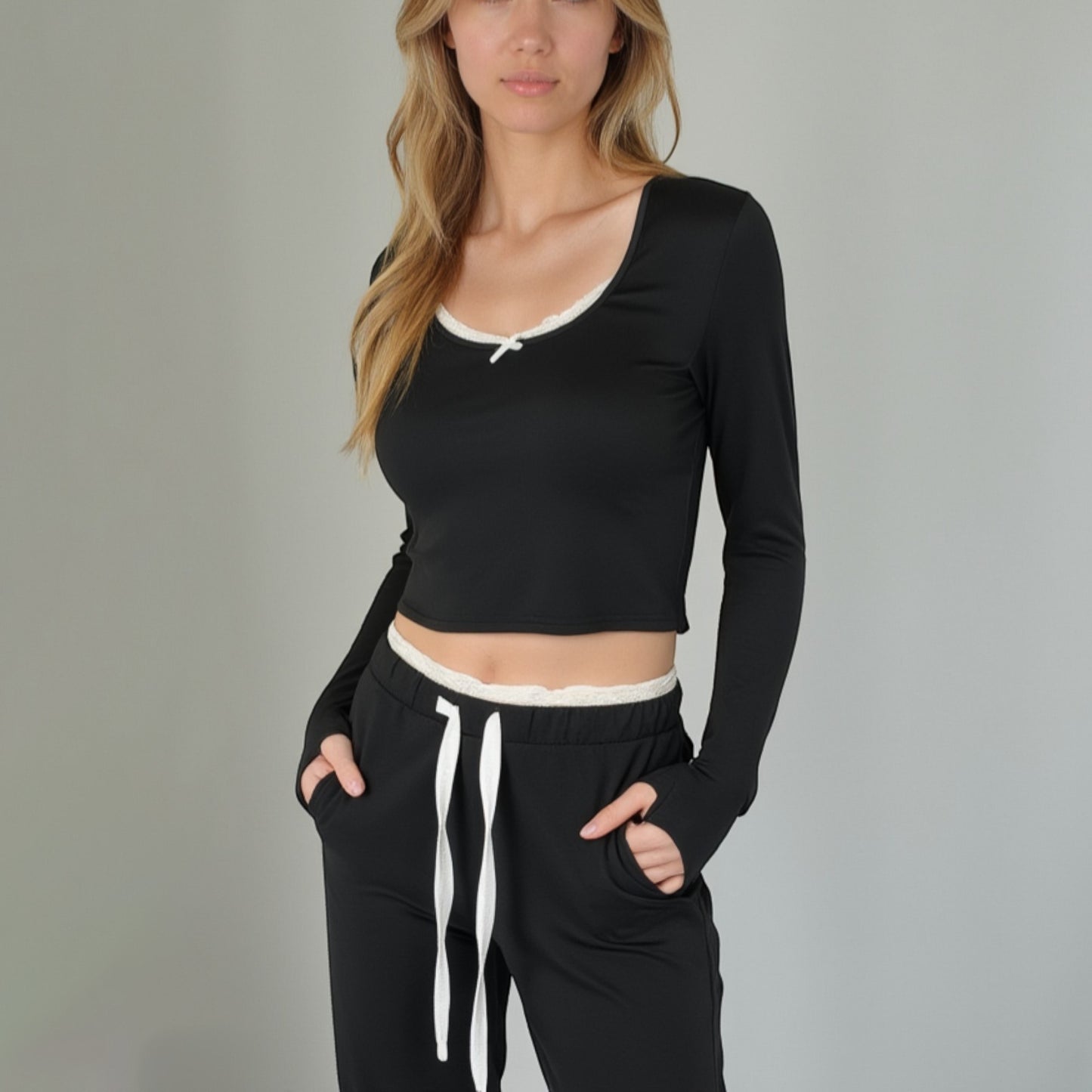 Lounge Women's Lace Trim Long Sleeve Lounge Top and Jogger Pants Pajama Set with Drawstring Waist