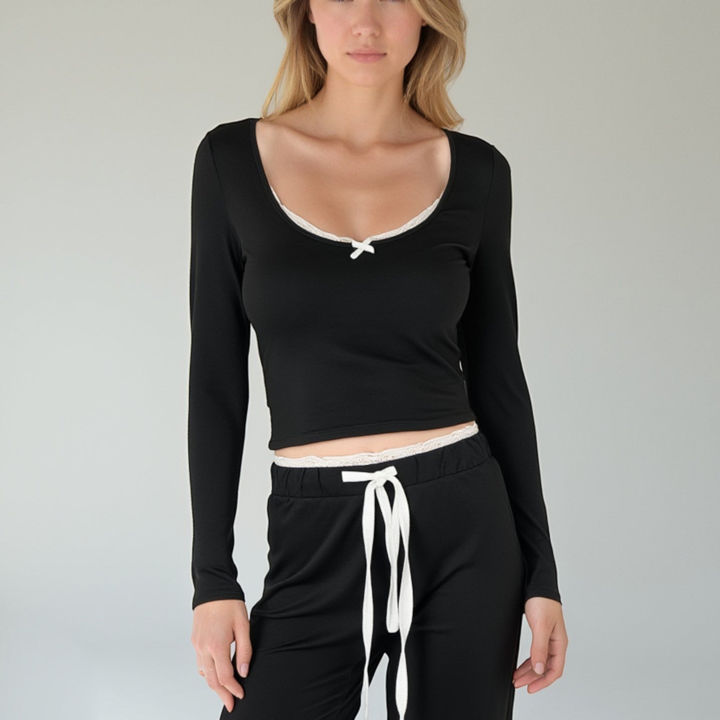 Lounge Women's Lace Trim Long Sleeve Lounge Top and Jogger Pants Pajama Set with Drawstring Waist